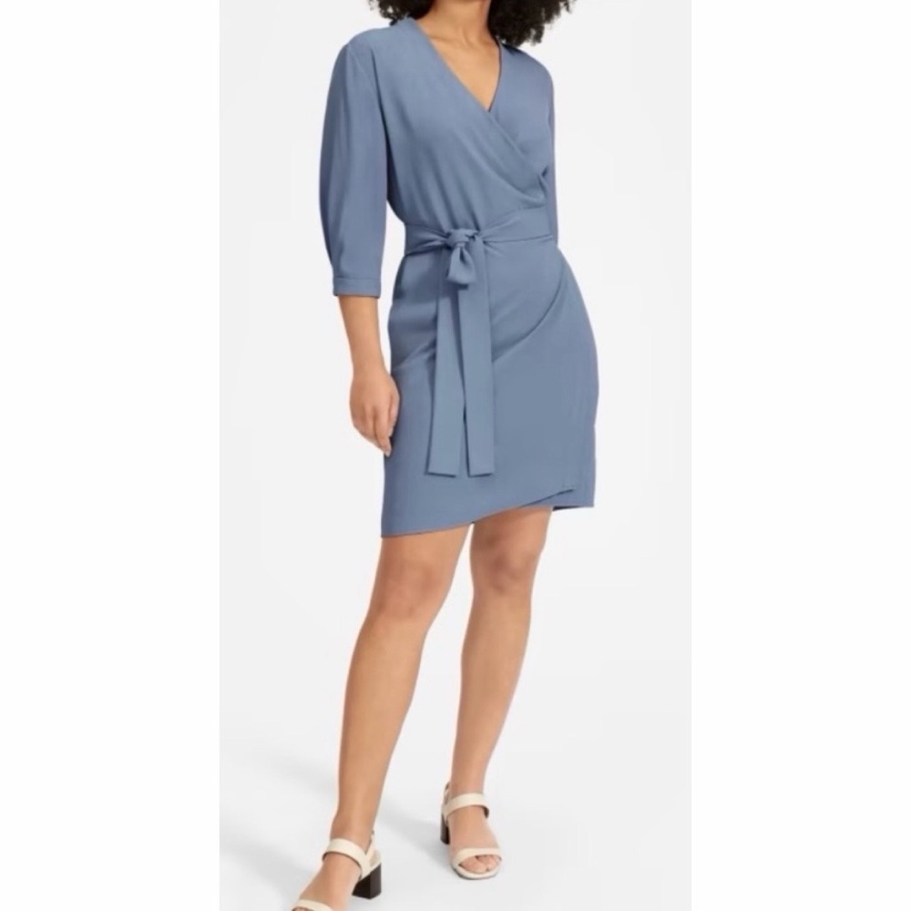 EVERLANE • Dusty Blue The Japanese GoWeave Long-Sleeve Mini Wrap Dress, 6